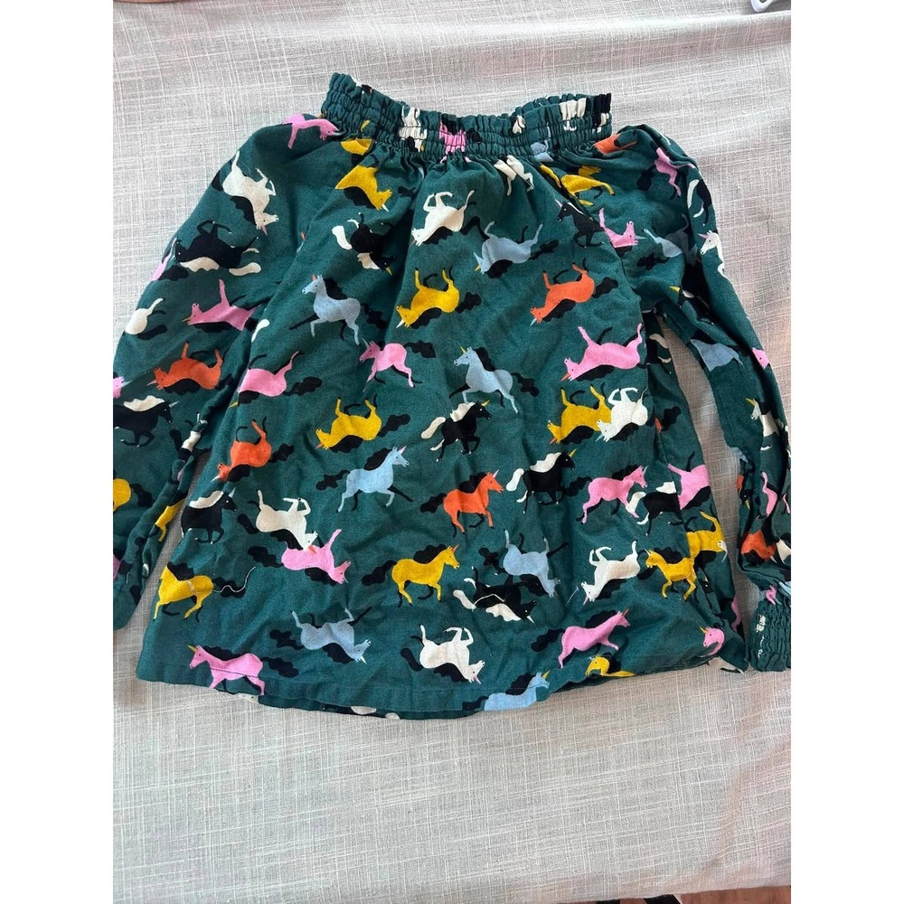 Hanna Andersson Unicorn Blouse Kids Size 6-7 Green Smocked Neck Long Sleeve Top